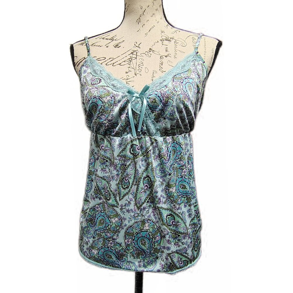 The Limited 2005 Y2K Cami Top XL Satin Lace Trim Sweetheart Neckline Paisley Bow